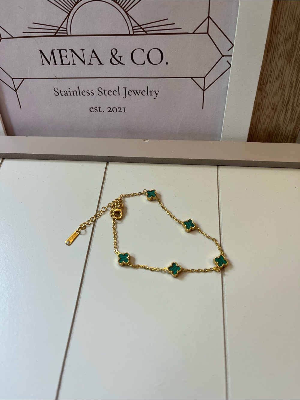 Gold-tone Stainless Steel Green Small Clover Bracelet